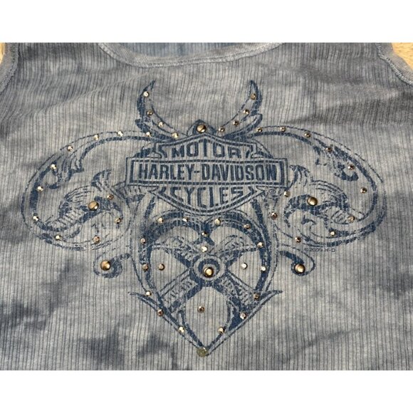 Harley-Davidson Womens Blue Tie-Dye Tank Top L With Rhinestone Logo - Picture 2 of 7